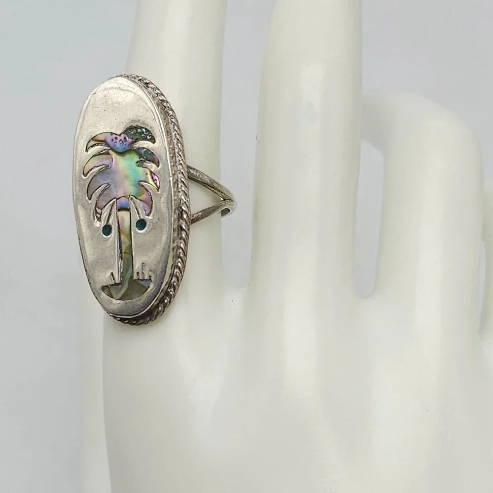 Vintage Artist Signed Taxco Sterling Silver Abalone Palm Tree Ring Size 8